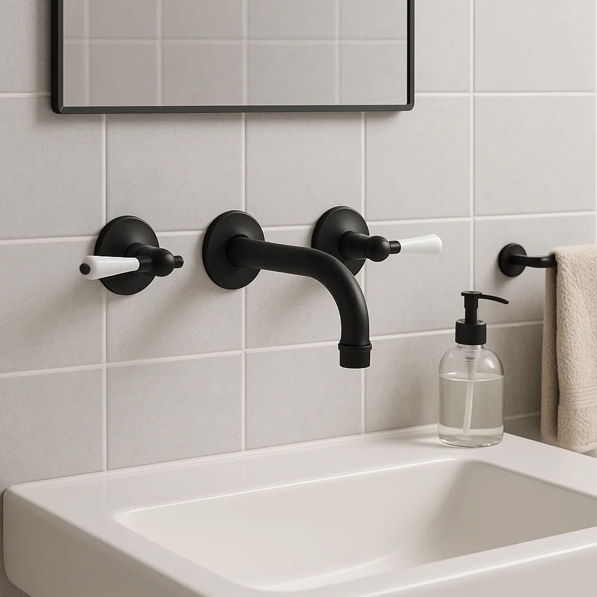 York Wall Basin Set With White Porcelain Lever Matte Black