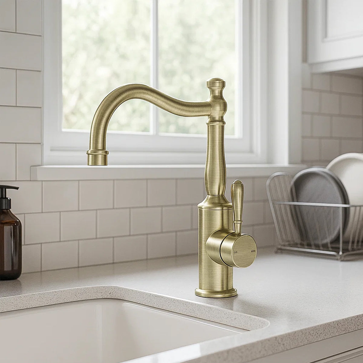 York Basin Mixer Hook Spout With Metal Lever Aged Brass