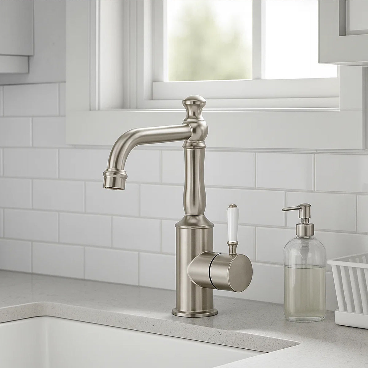 York Basin Mixer With White Porcelain Lever Brushed Nickel
