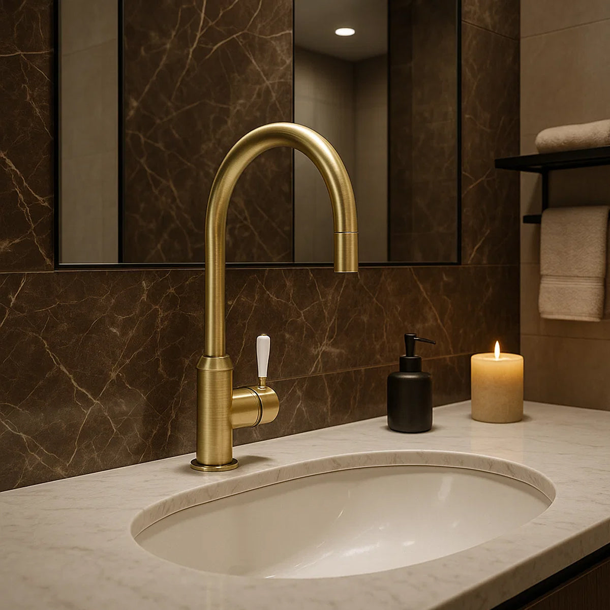 York Pull Out Sink Mixer With Vegie Spray Function With White Porcelain Lever Aged Brass