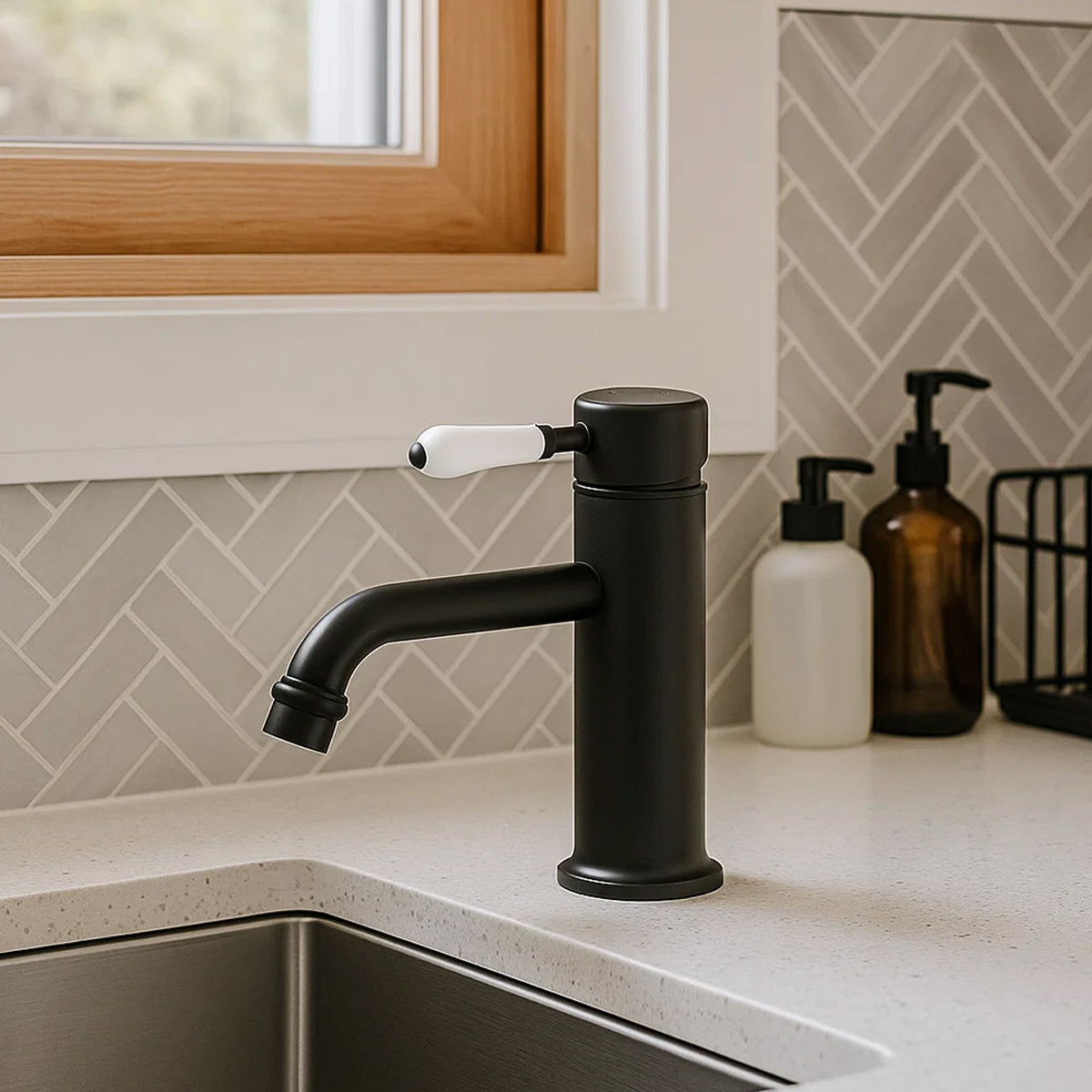 York Straight Basin Mixer With White Porcelain Lever Matte Black