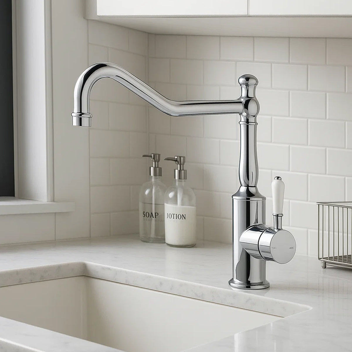 York Kitchen Mixer Hook Spout With White Porcelain Lever Chrome