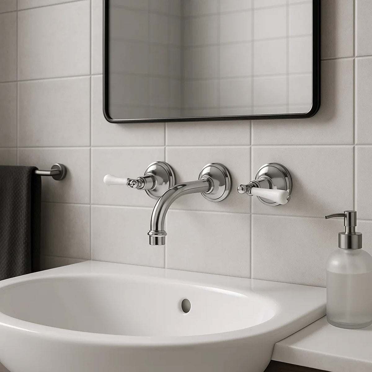 York Wall Basin Set With White Porcelain Lever Chrome