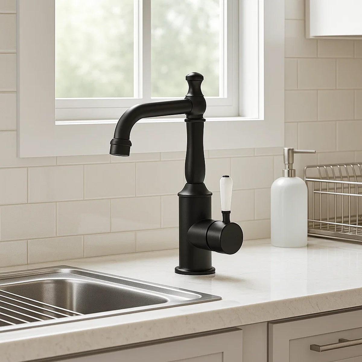 York Basin Mixer With White Porcelain Lever Matte Black