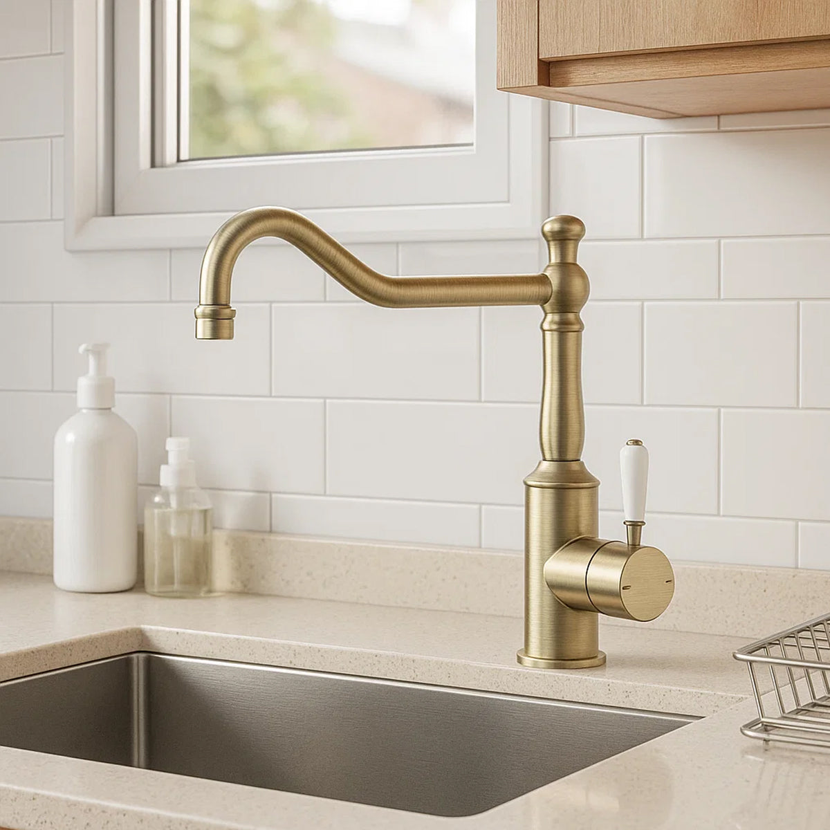 York Kitchen Mixer Hook Spout With White Porcelain Lever Aged Brass