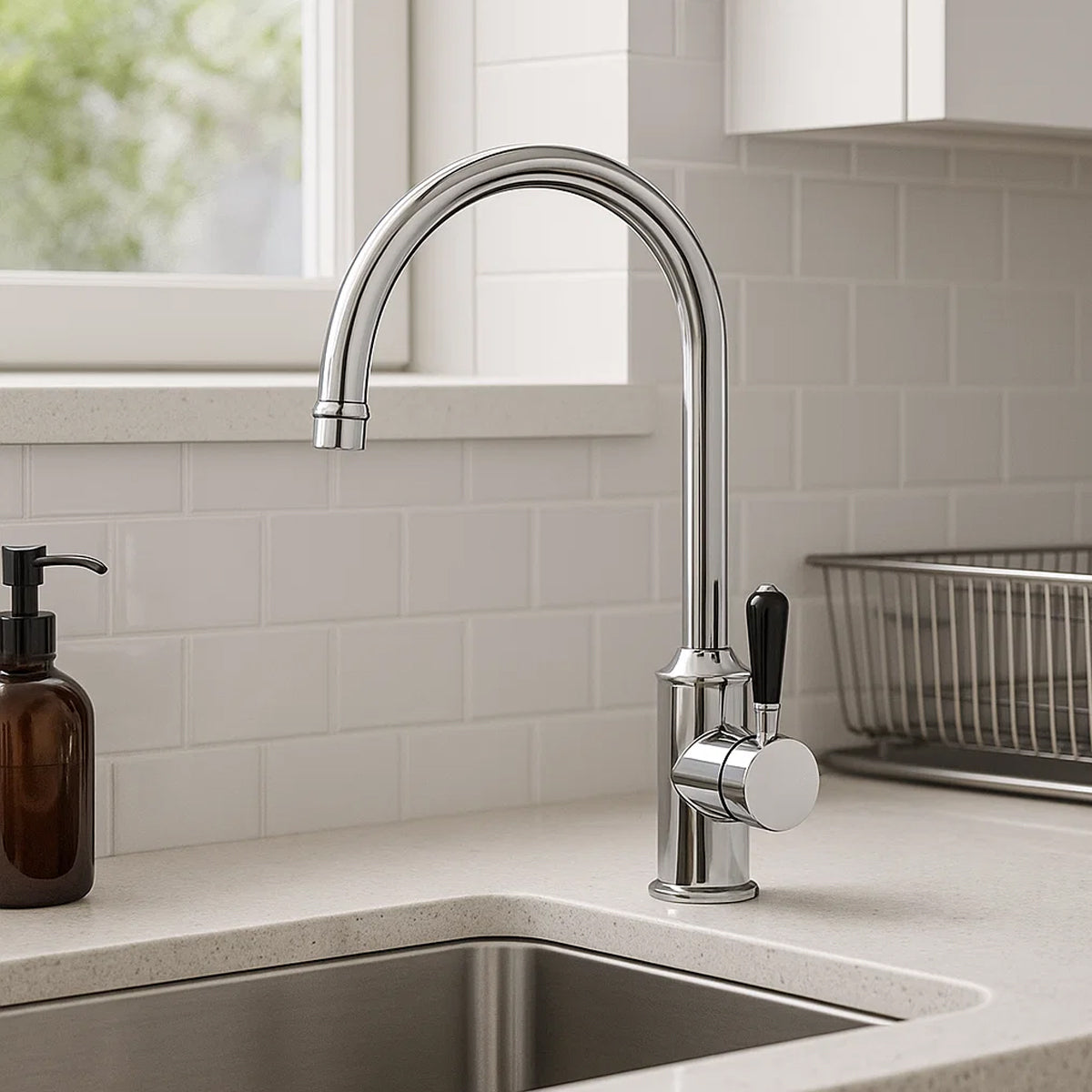 York Kitchen Mixer Gooseneck Spout With Black Porcelain Lever Chrome