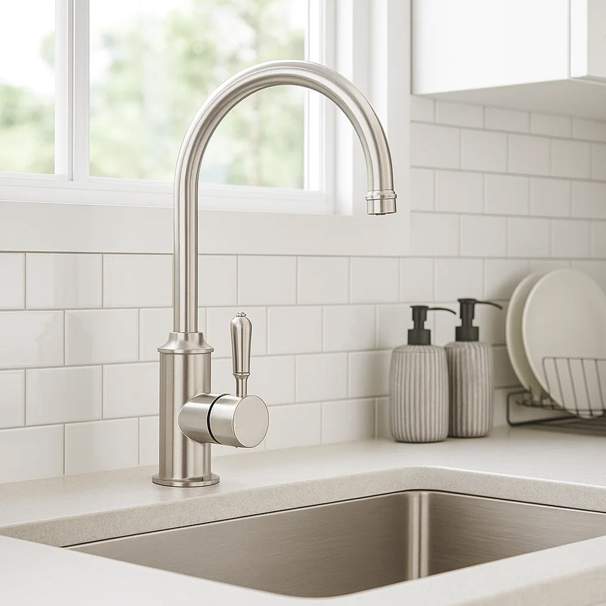 York Kitchen Mixer Gooseneck Spout With Metal Lever Brushed Nickel