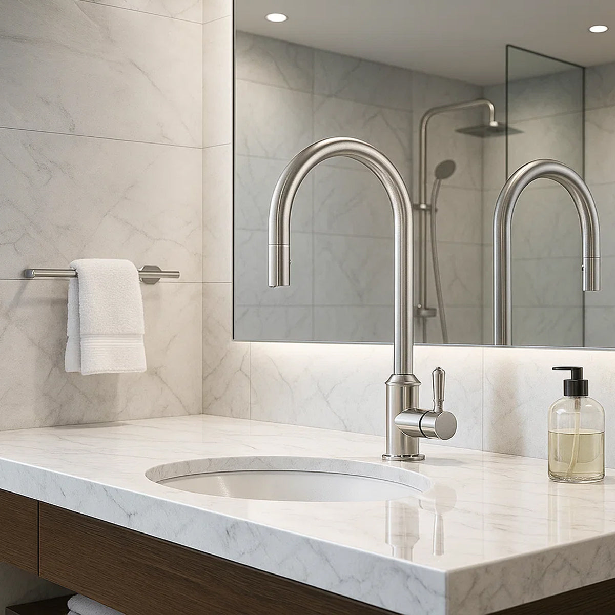 York Pull Out Sink Mixer With Vegie Spray Function With Metal Lever Brushed Nickel