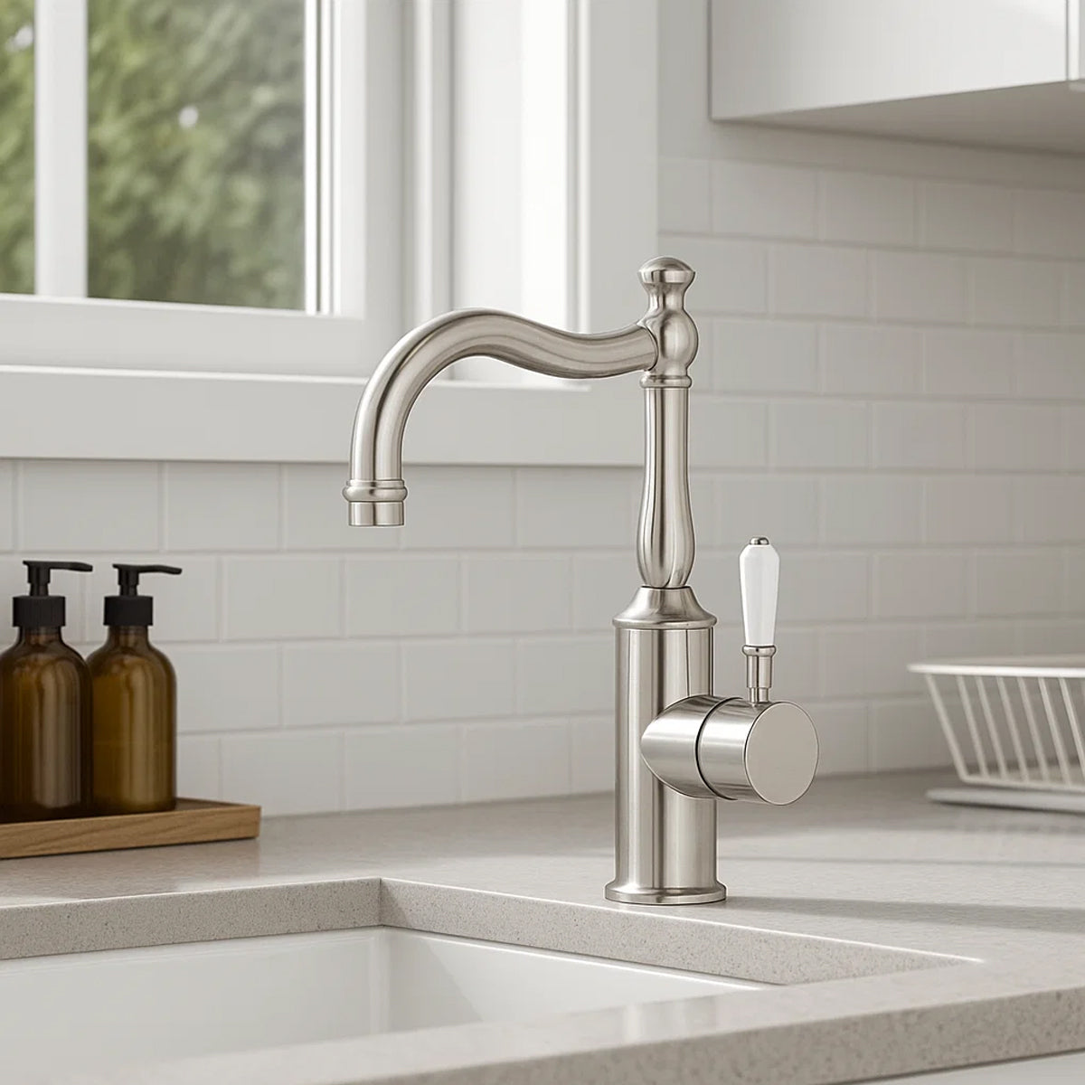 York Basin Mixer Hook Spout With White Porcelain Lever Brushed Nickel