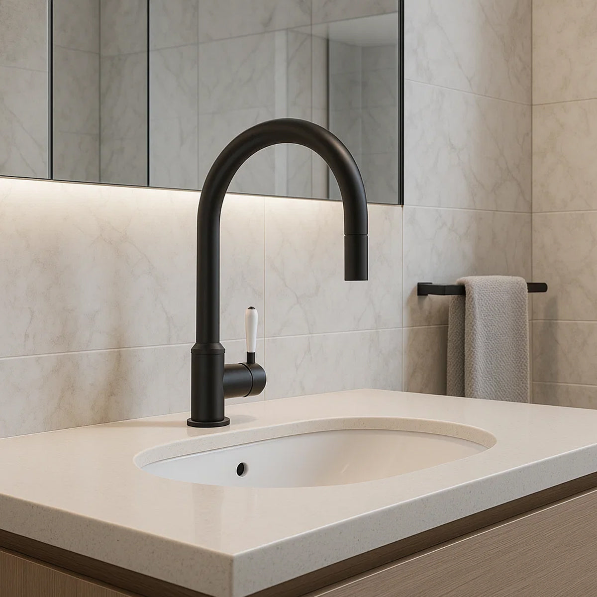 York Pull Out Sink Mixer With Vegie Spray Function With White Porcelain Lever Matte Black