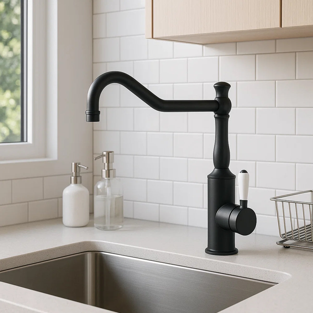 York Kitchen Mixer Hook Spout With White Porcelain Lever Matte Black