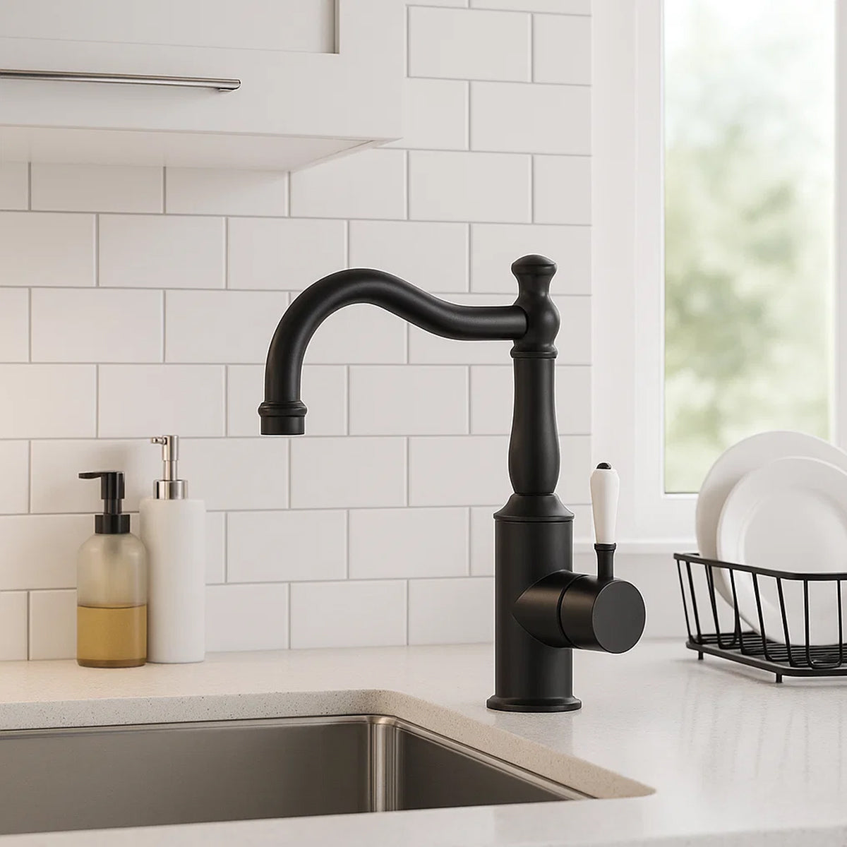 York Basin Mixer Hook Spout With White Porcelain Lever Matte Black