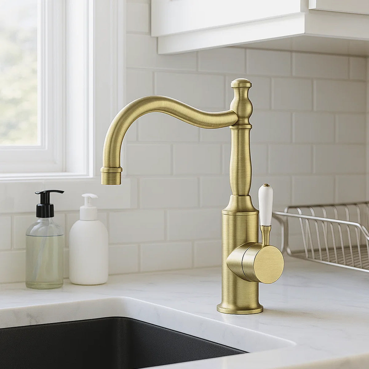 York Basin Mixer Hook Spout With White Porcelain Lever Aged Brass