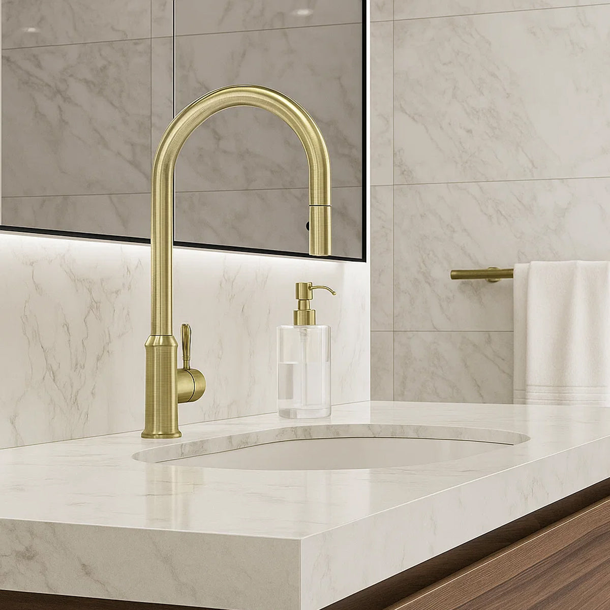 York Pull Out Sink Mixer With Vegie Spray Function With Metal Lever Aged Brass