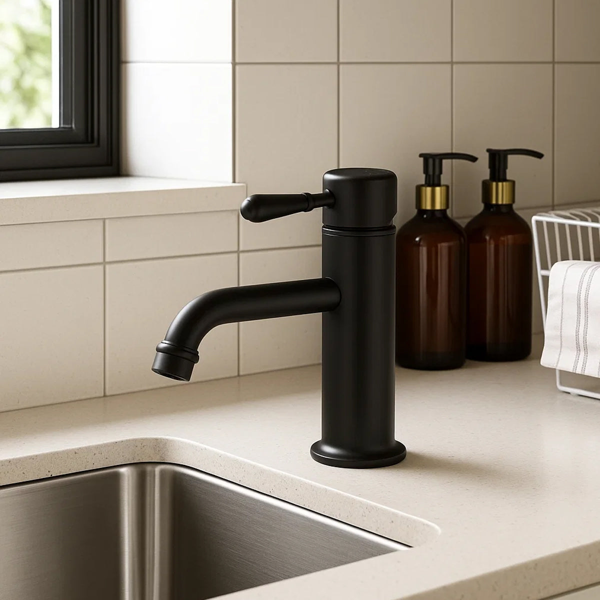 York Straight Basin Mixer With Metal Lever Matte Black
