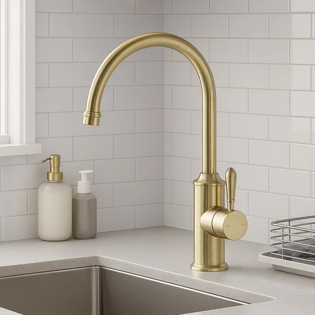 York Kitchen Mixer Gooseneck Spout With Metal Lever Aged Brass