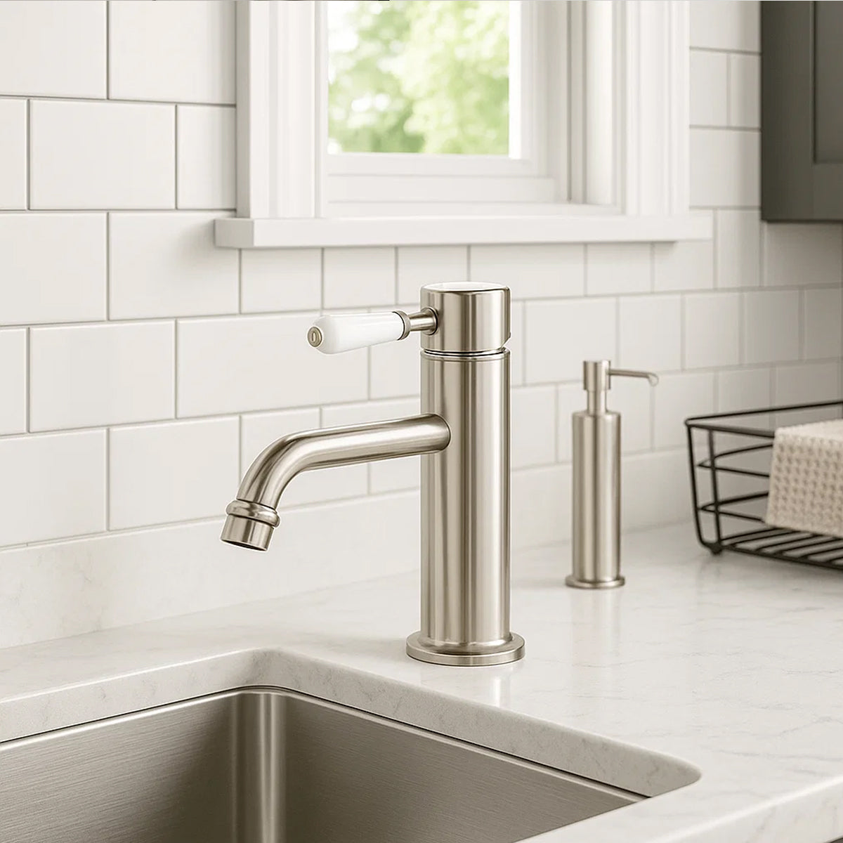 York Straight Basin Mixer With White Porcelain Lever Brushed Nickel