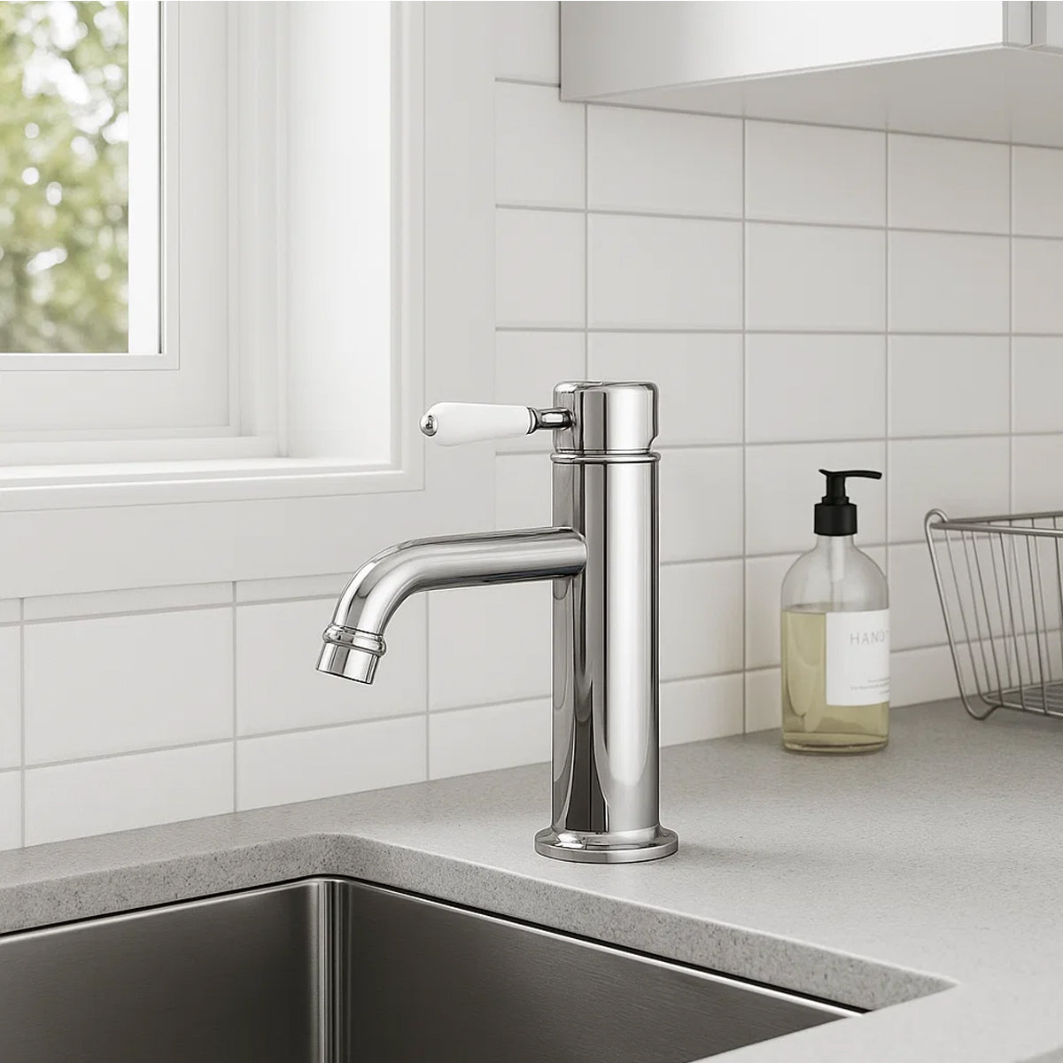 York Straight Basin Mixer With White Porcelain Lever Chrome