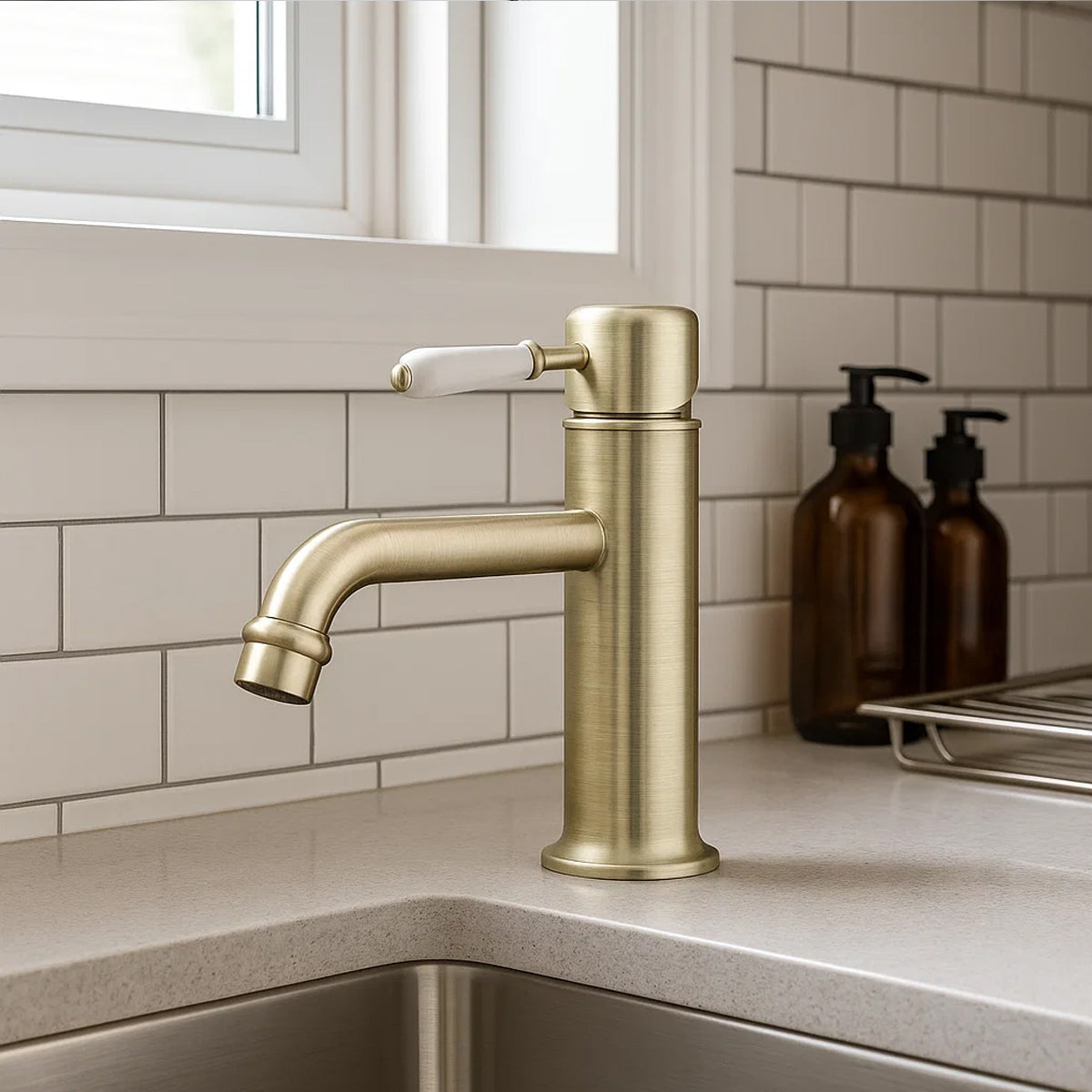 York Straight Basin Mixer With White Porcelain Lever Aged Brass