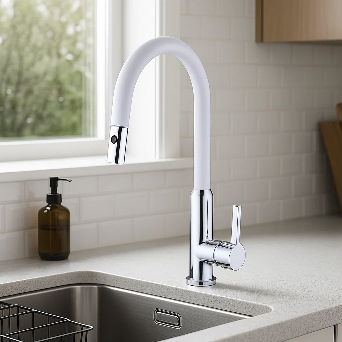 Pearl Pull Out Sink Mixer With Vegie Spray Function Chrome White