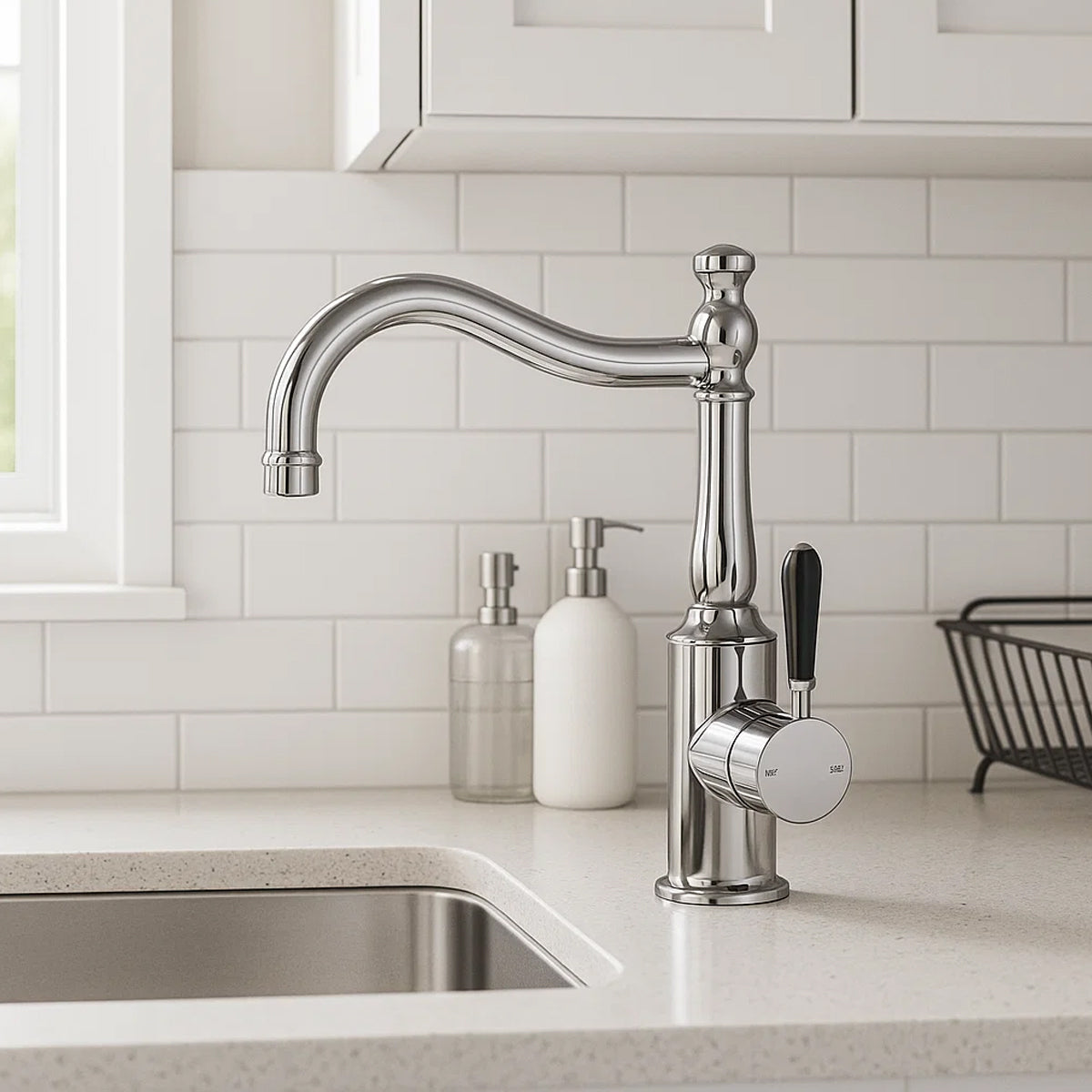 York Basin Mixer Hook Spout With Black Porcelain Lever Chrome