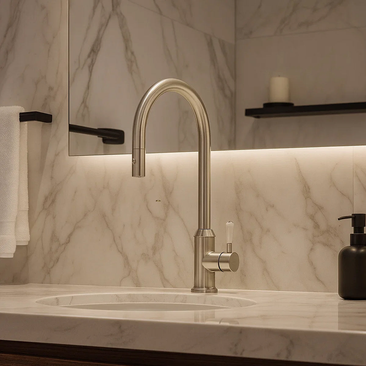 York Pull Out Sink Mixer With Vegie Spray Function With White Porcelain Lever Brushed Nickel