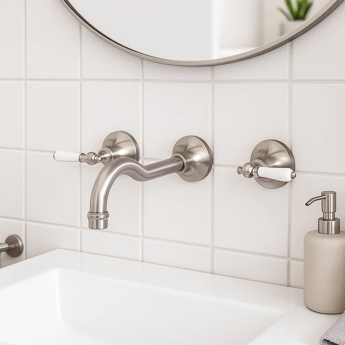 York Wall Basin Set With White Porcelain Lever Brushed Nickel