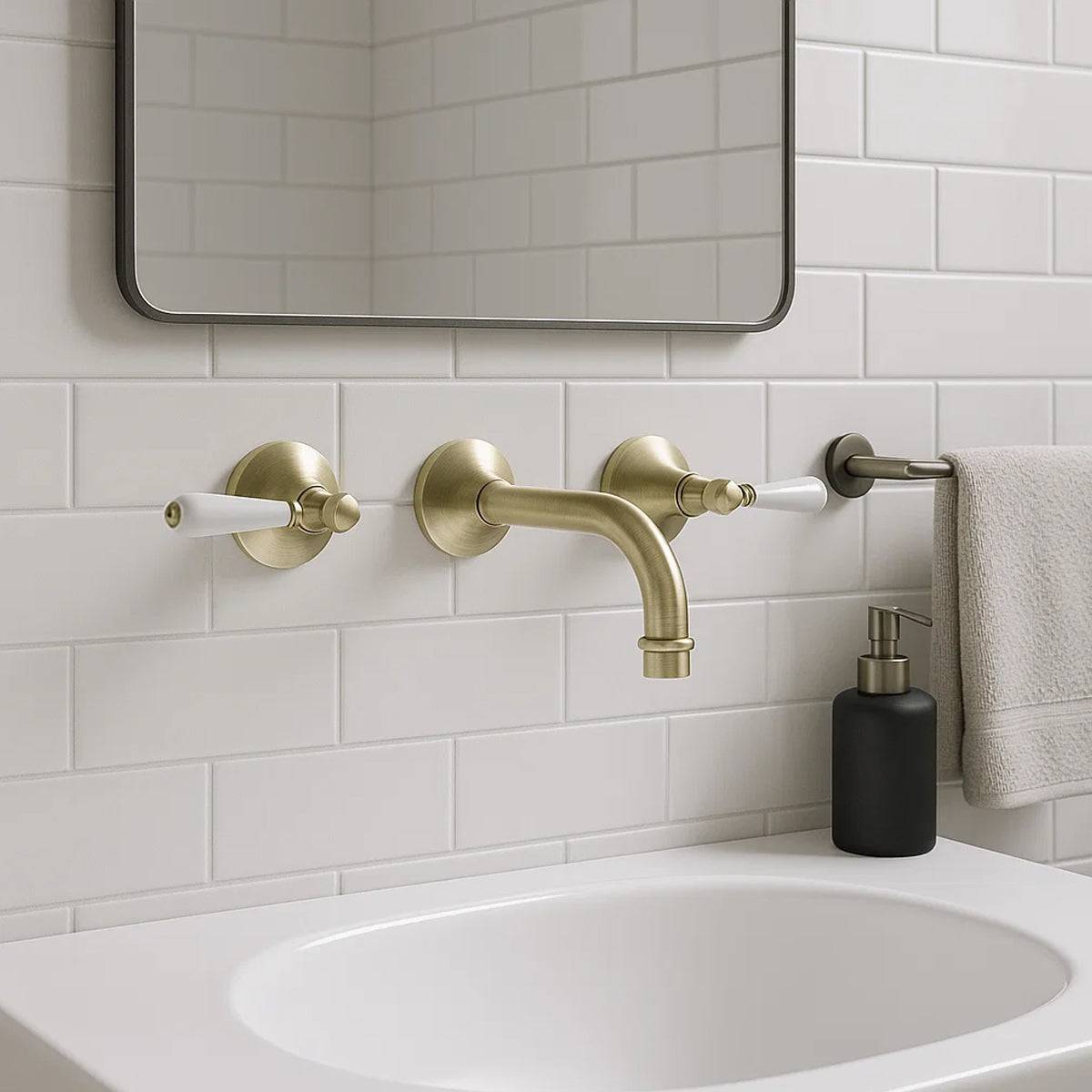 York Wall Basin Set With White Porcelain Lever Aged Brass