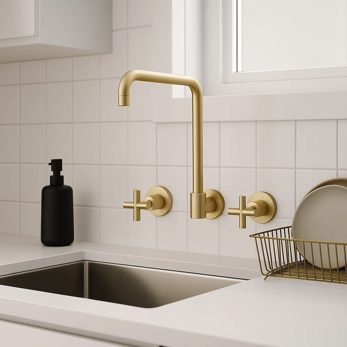 X Plus Wall Kitchen Set Swivel Spout Brushed Gold