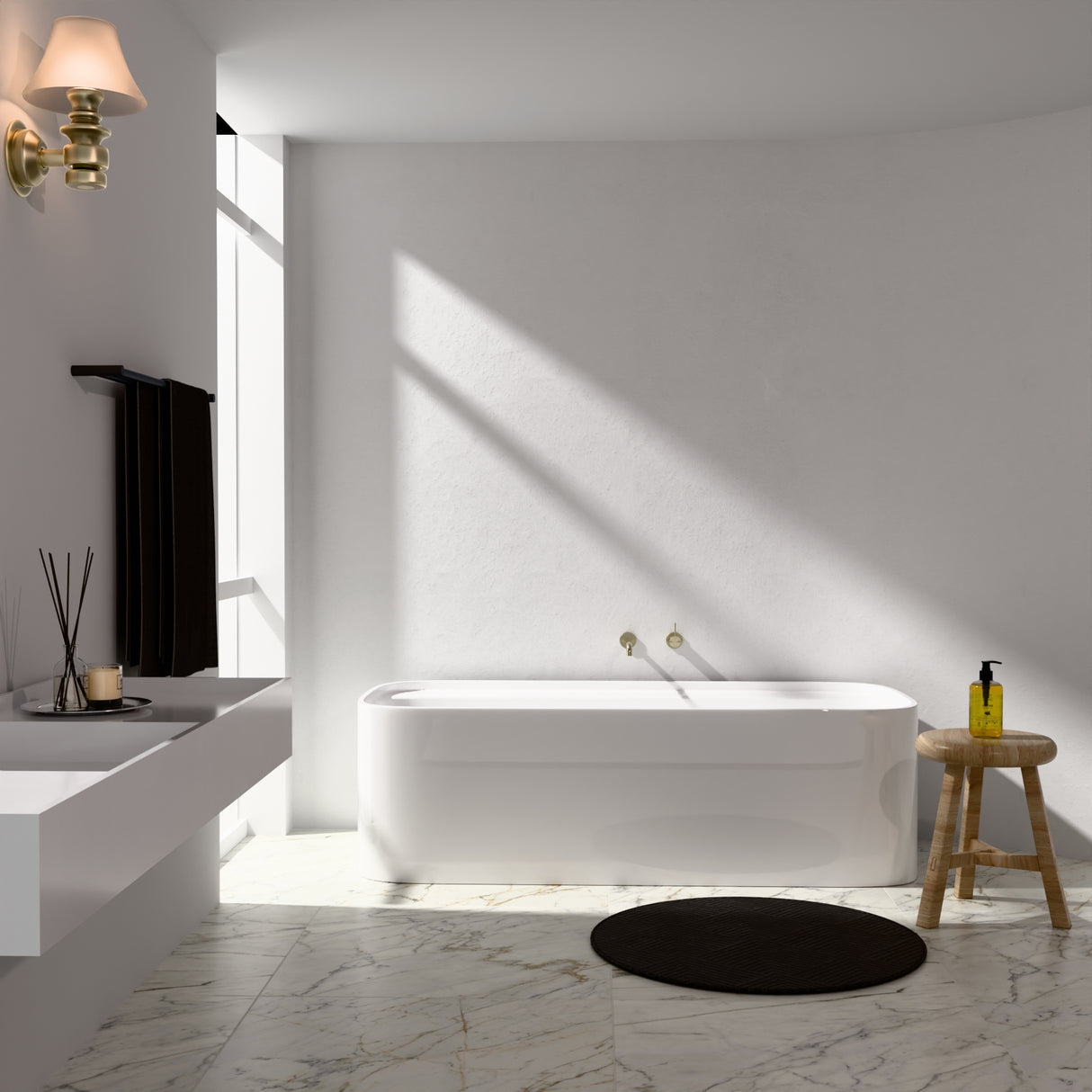 Mecca Wall Basin Mixer Separate Back Plate Handle Up 185mm Spout Brushed Gold