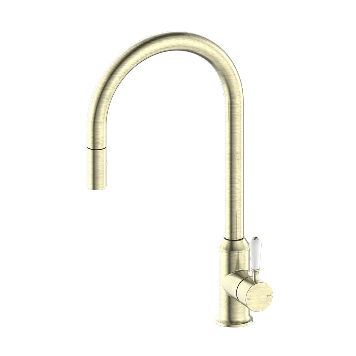 York Pull Out Sink Mixer With Vegie Spray Function With White Porcelain Lever Aged Brass