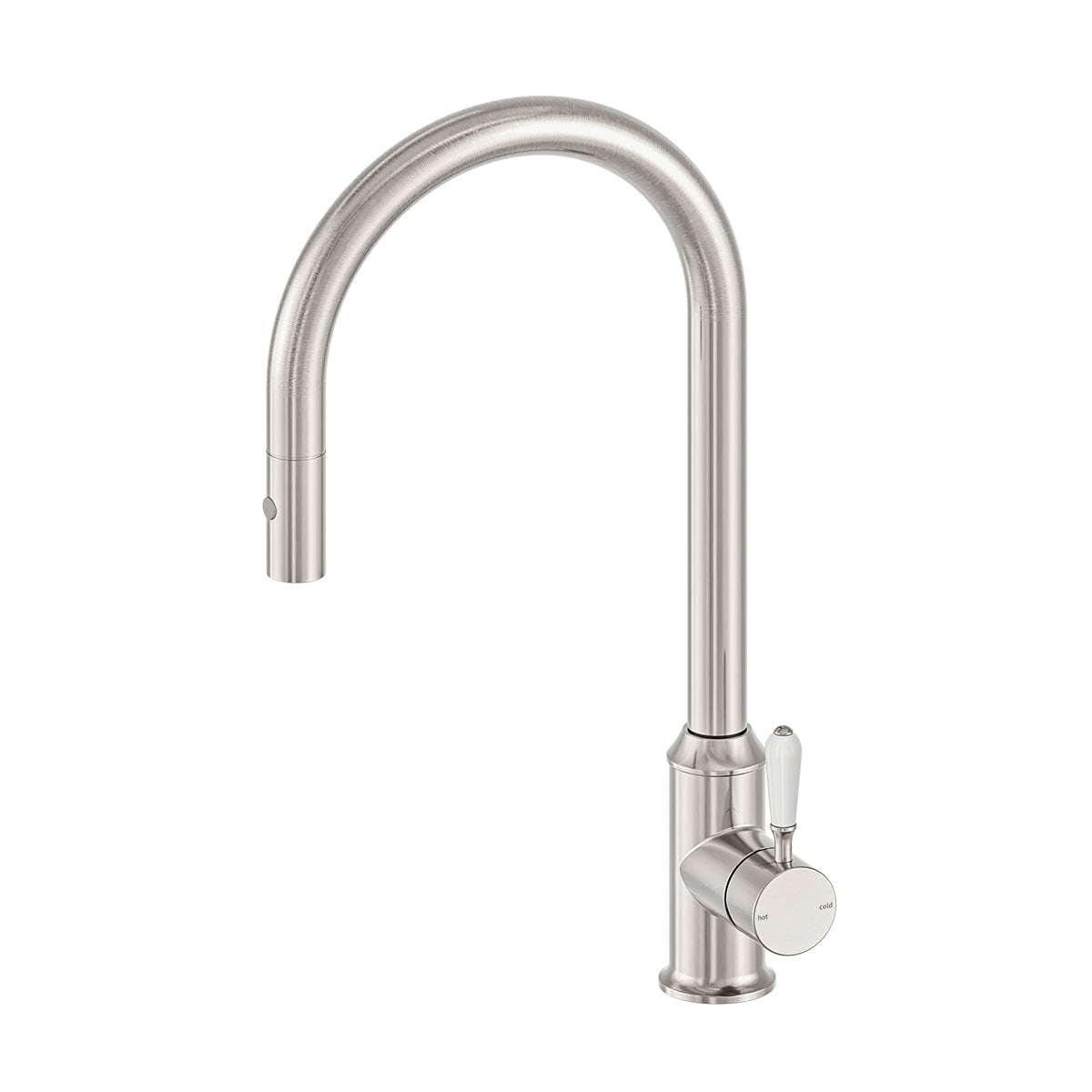 York Pull Out Sink Mixer With Vegie Spray Function With White Porcelain Lever Brushed Nickel