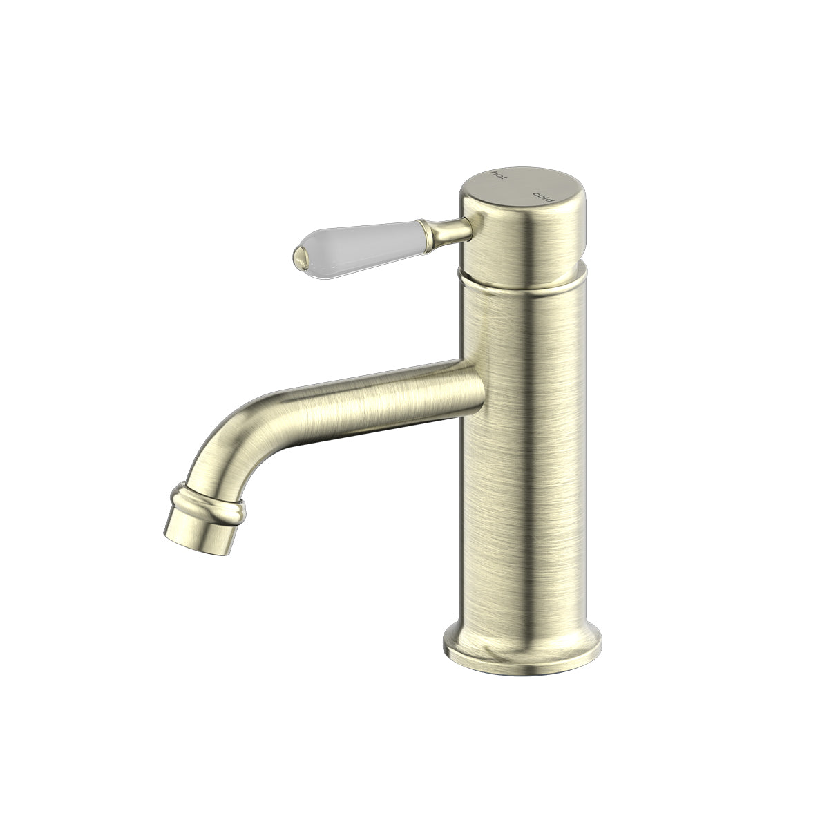 York Straight Basin Mixer With White Porcelain Lever Aged Brass