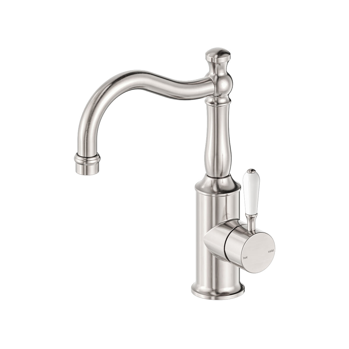 York Basin Mixer Hook Spout With White Porcelain Lever Brushed Nickel