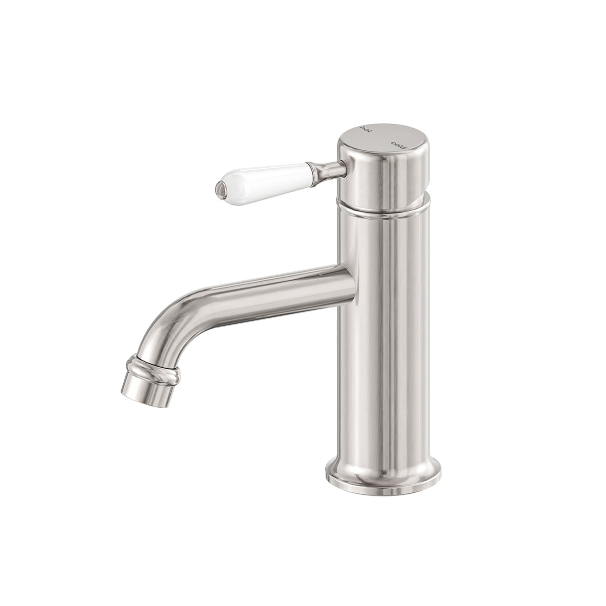 York Straight Basin Mixer With White Porcelain Lever Brushed Nickel