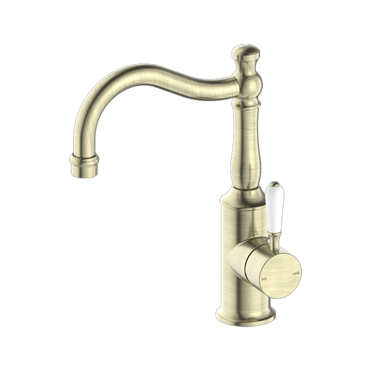York Basin Mixer Hook Spout With White Porcelain Lever Aged Brass