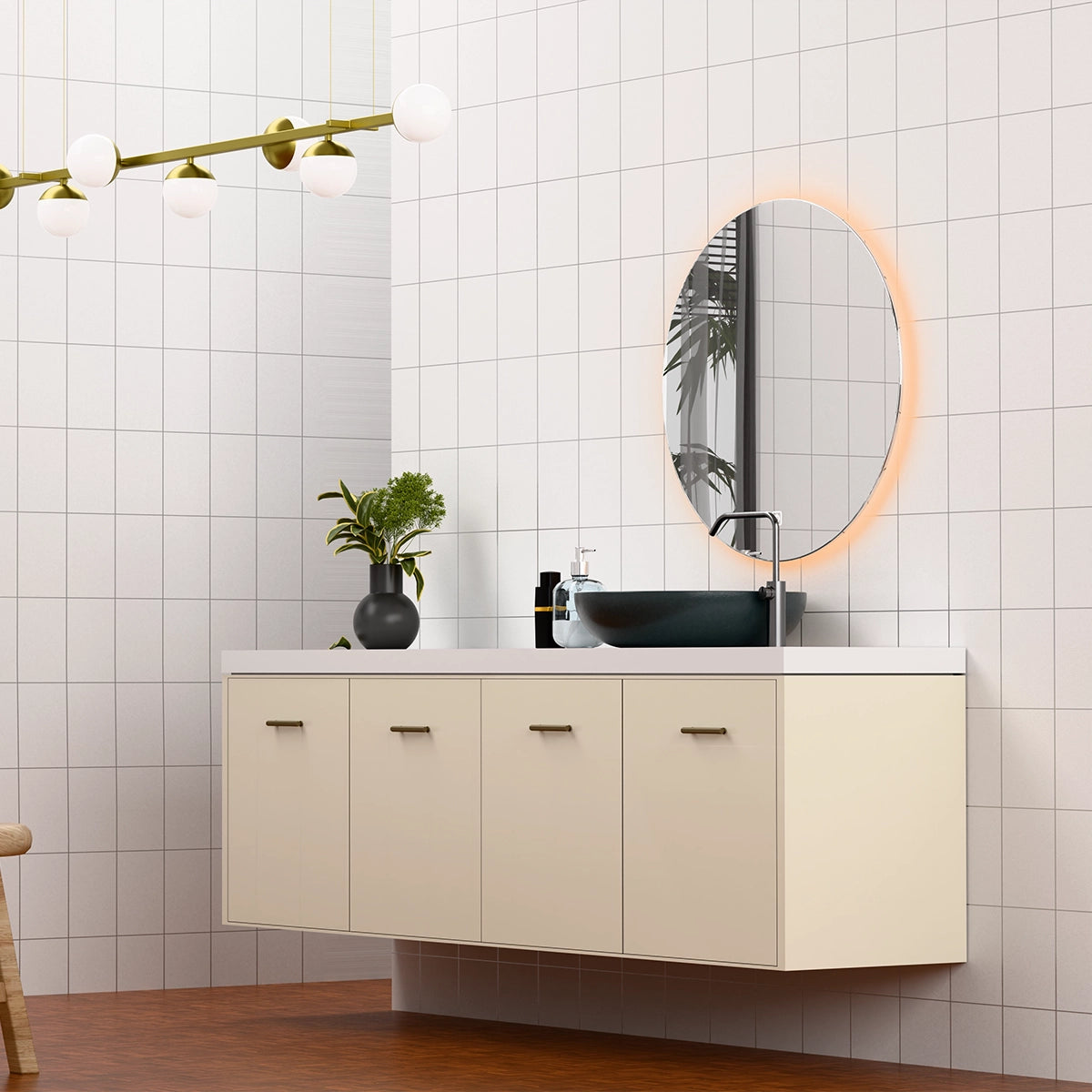 Φ32" Frameless LED Backlit Round Mirror Single-Touch Dimmer Switch & Defogger 45° Wall-Mounted