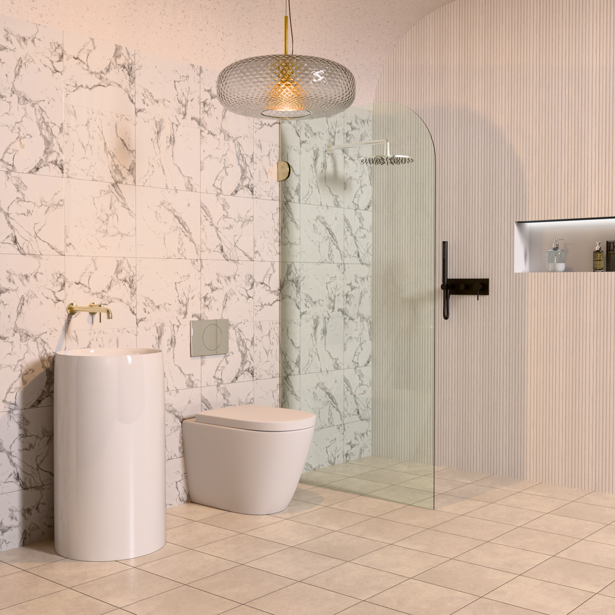 Zen Ss316l Wall Basin/Bath Mixer Separate Back Plate 230mm Spout Brushed Gold