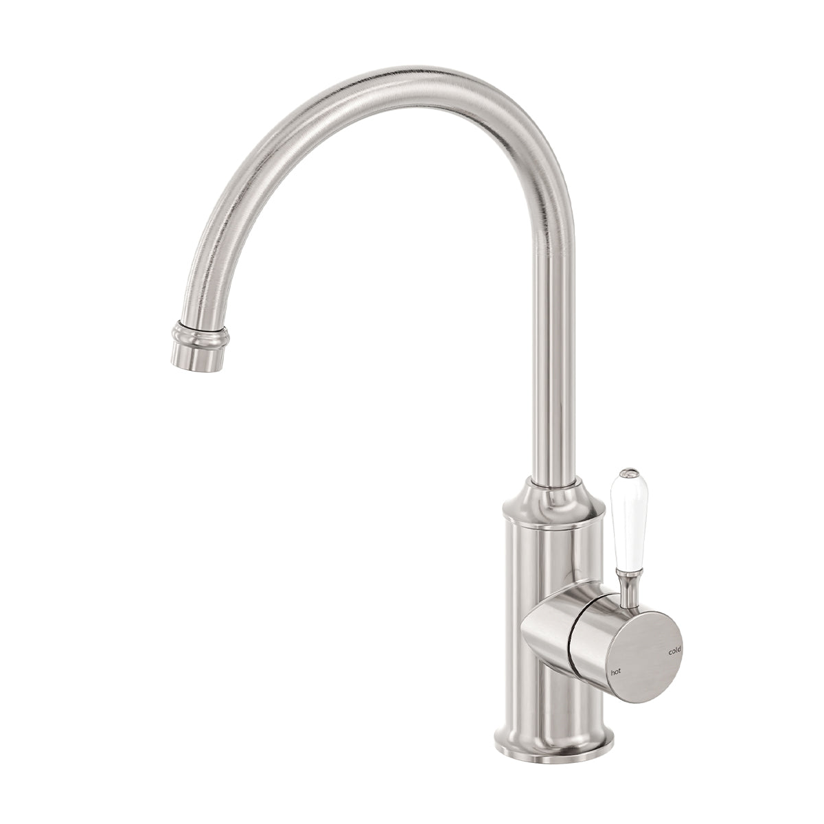 York Kitchen Mixer Gooseneck Spout With White Porcelain Lever Brushed Nickel
