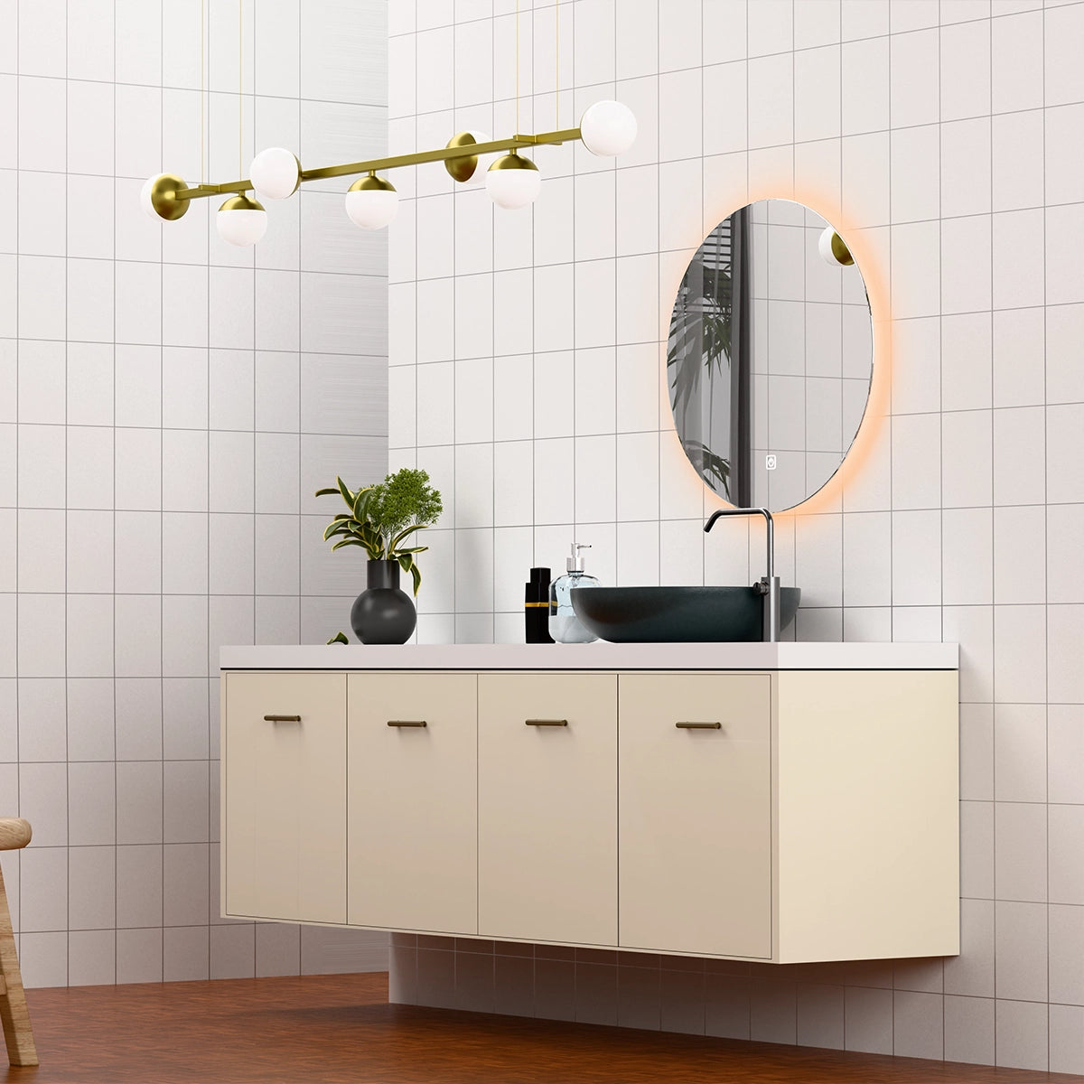 Φ28" Frameless LED Backlit Round Mirror Single-Touch Dimmer Switch & Defogger 45° Wall-Mounted