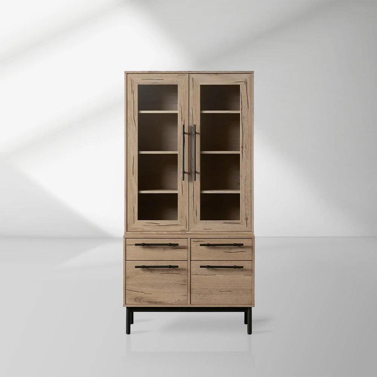 Sullivan Glass-Door Bookcase Wood Display Cabinets with File Drawer Base