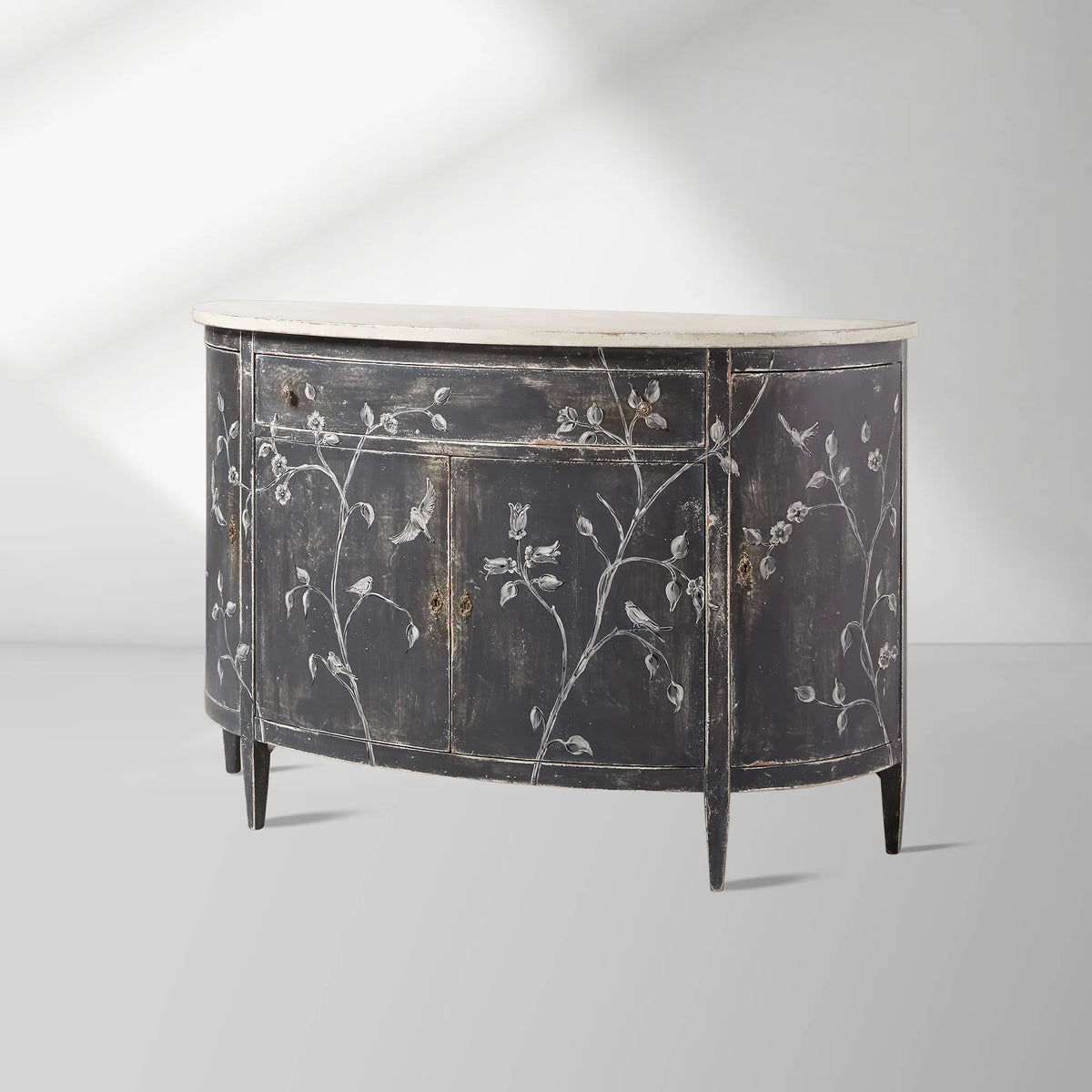 Sofia Bell'Arte Demilune Buffet Cabinet Bird Motif Sideboard Wood Living Room Entryways Cabinet