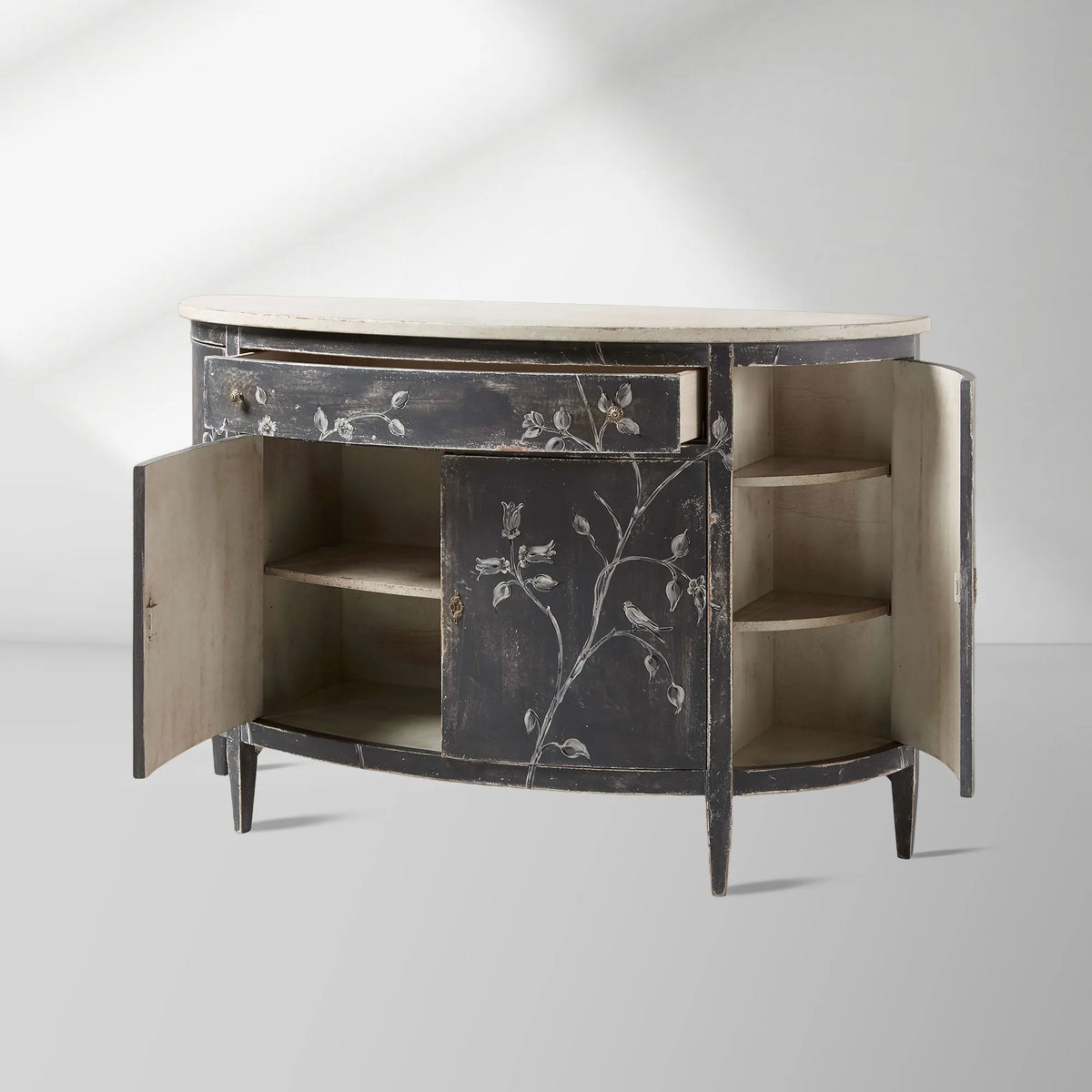 Sofia Bell'Arte Demilune Buffet Cabinet Bird Motif Sideboard Wood Living Room Entryways Cabinet