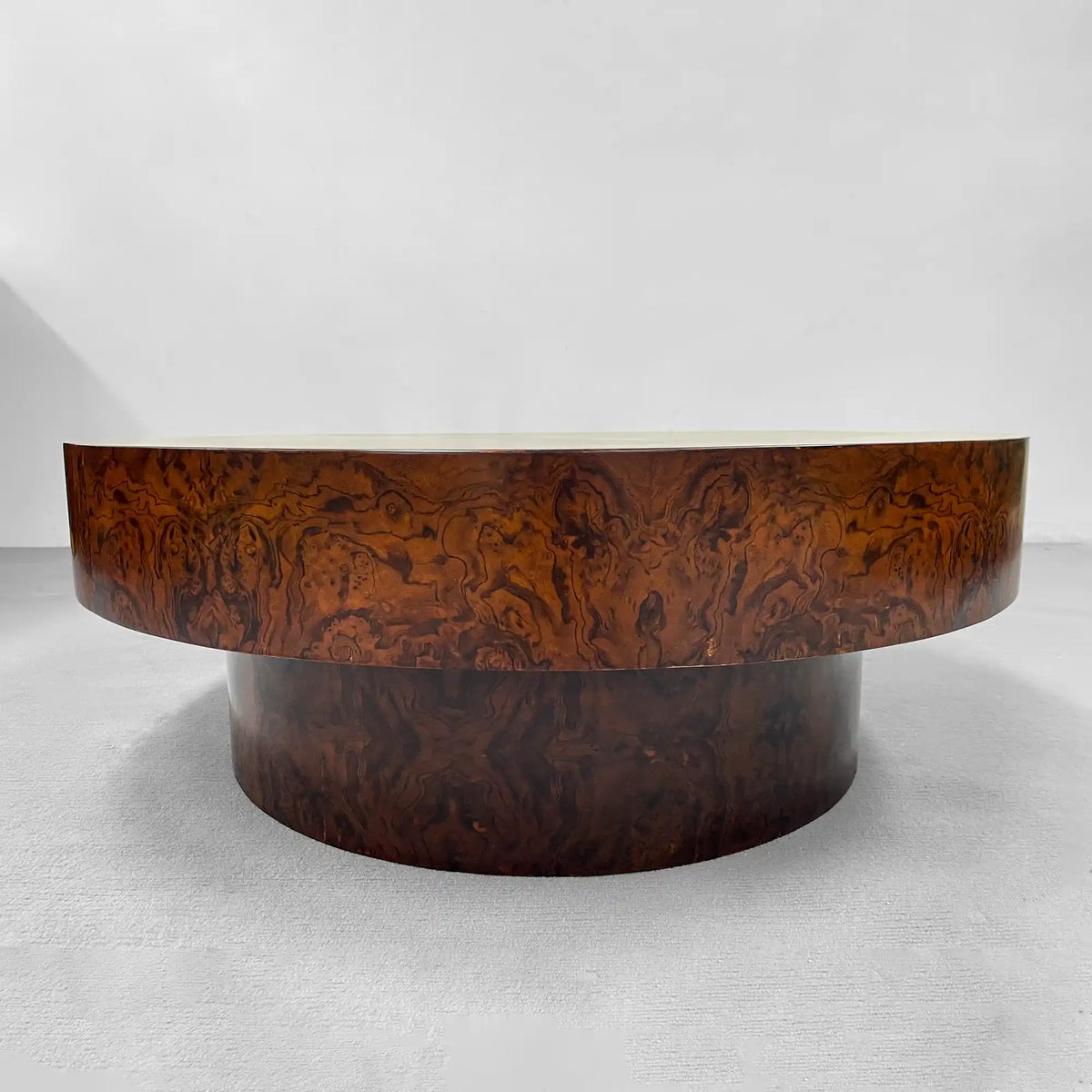 Cinzia Burl Round Coffee Table Walnut Wood Cocktail Table Plinth Base Sofa Center Tea Table