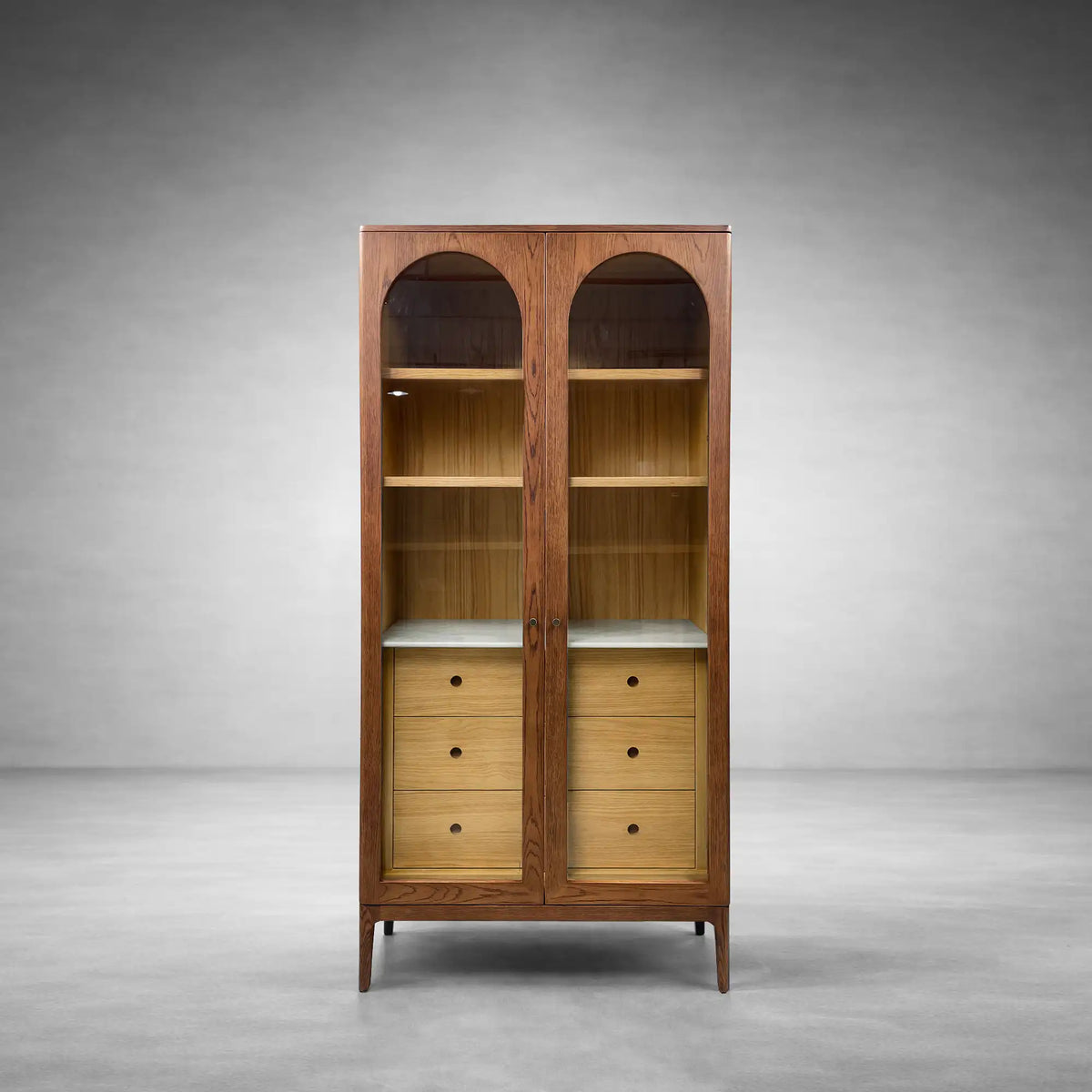 Linley Oak Wood Tall Display Cabinet Glass Door Bookcase with Drawers