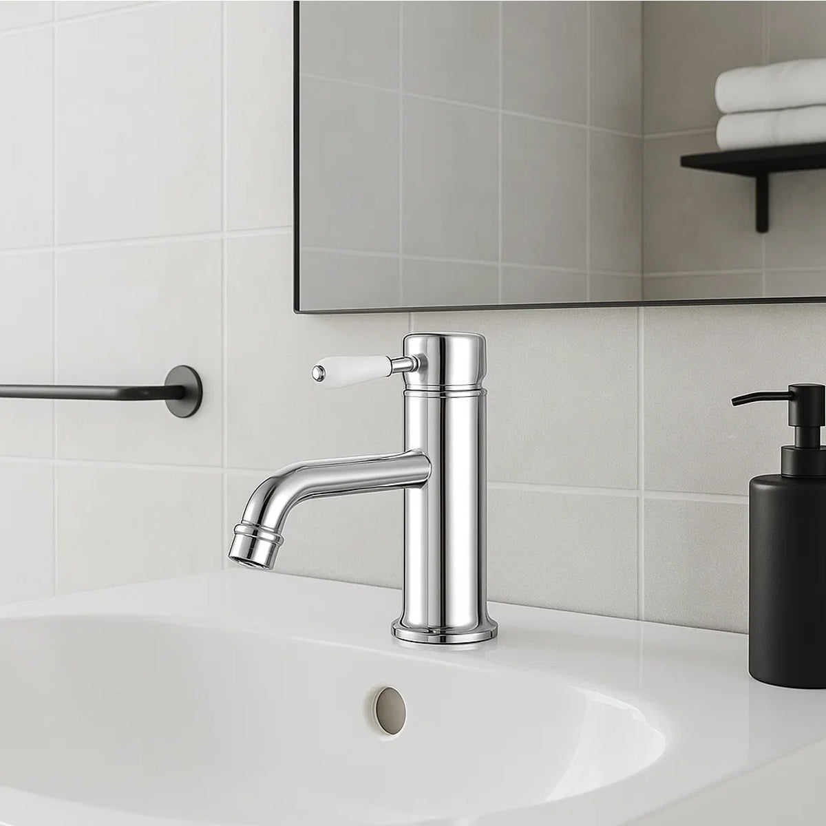 York Straight Basin Mixer With White Porcelain Lever Chrome