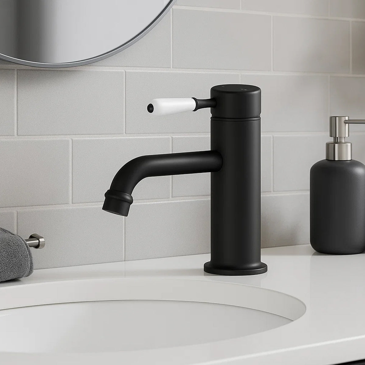 York Straight Basin Mixer With White Porcelain Lever Matte Black