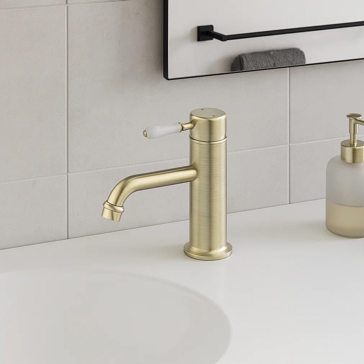 York Straight Basin Mixer With White Porcelain Lever Aged Brass