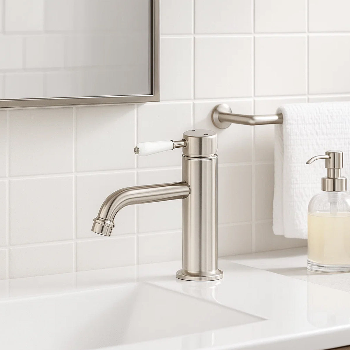 York Straight Basin Mixer With White Porcelain Lever Brushed Nickel