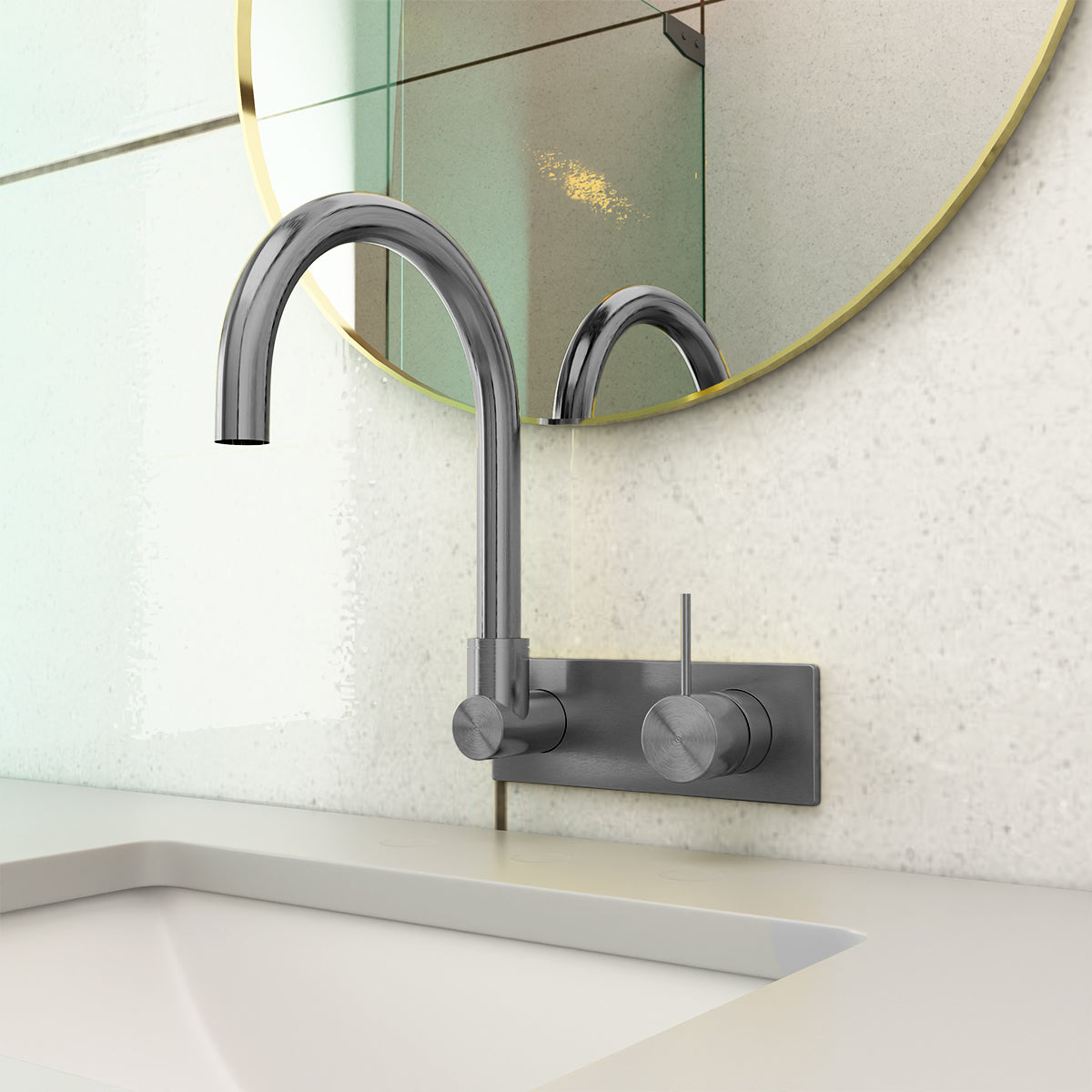 Mecca Wall Basin/Bath Mixer Swivel Spout Handle Up Gun Metal